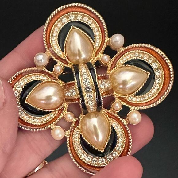 Vintage 90’s Jackie Orr Spanish Style Black & Copper Pearl & CZ Set - Picture 9 of 10